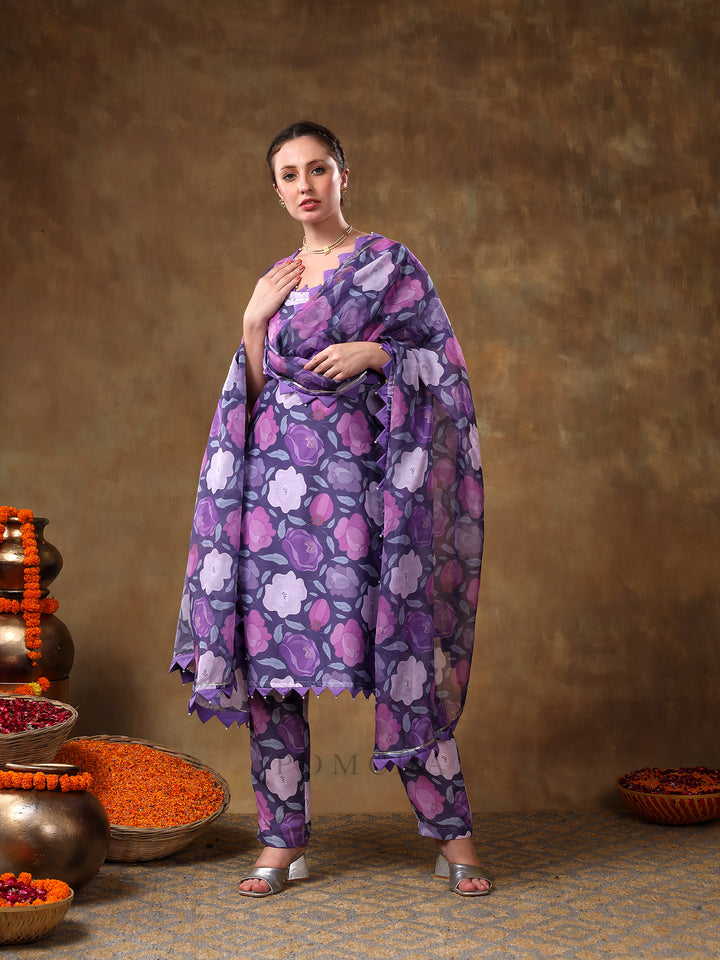 MERAKI GULBANO PURPLE FLORAL PRINT MUSLIN KURTA SET WITH ORGANZA DUPATTA