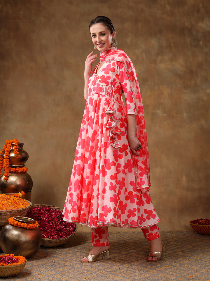 MERAKI ORANGE FLORAL MUSLIN ANARKALI SET WITH ORGANZA DUPATTA