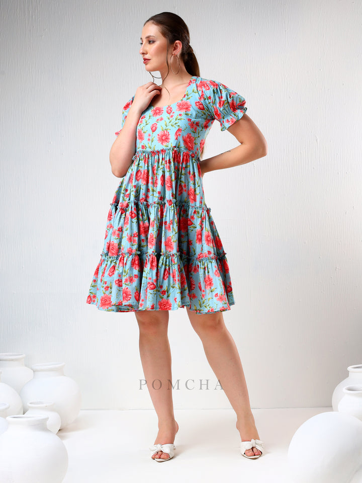 SADABHAR BLUE FLORAL PRINT COTTON TIERED DRESS