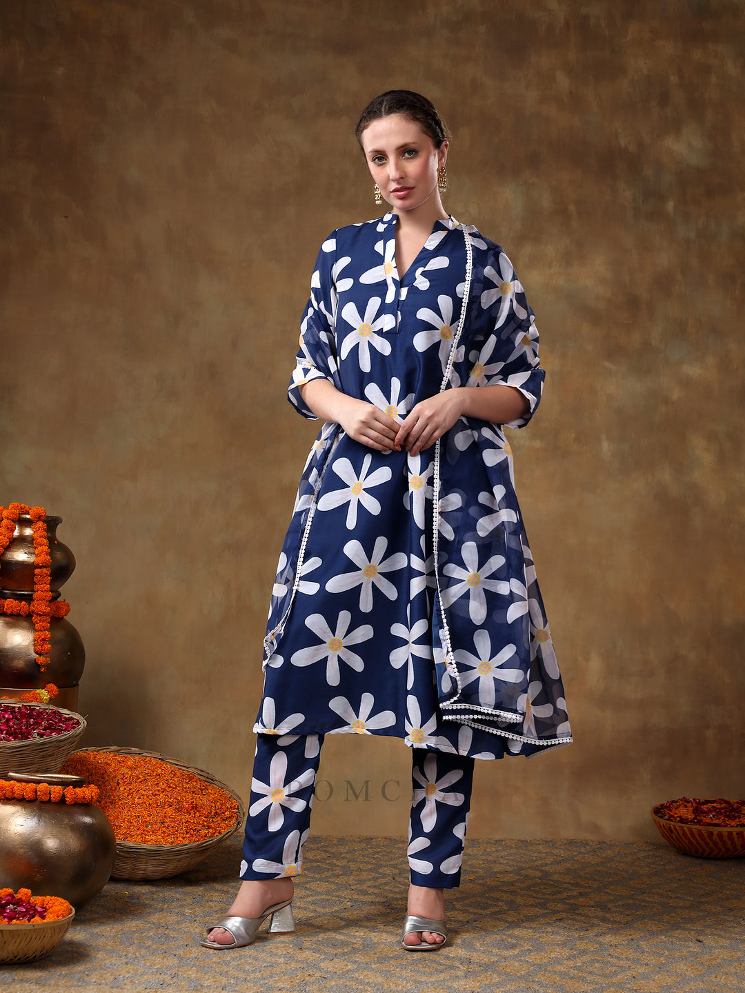 MERAKI  WHITE FLOWER BLUE MUSLIN KURTA SET WITH ORGANZA DUPATTA