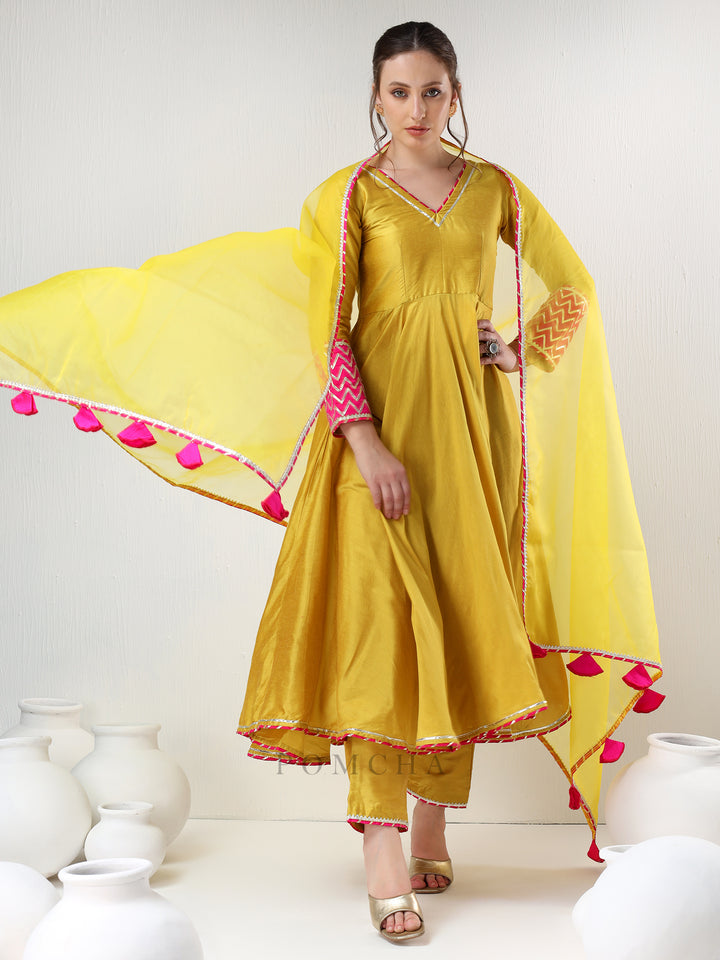 SADABHAR YELLOW COTTON SILK GOTTA WORK ANARKALI SET