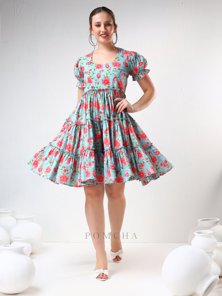 SADABHAR BLUE FLORAL PRINT COTTON TIERED DRESS