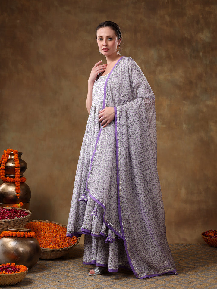 MERAKI ZEENAT LAVENDER FLORAL PRINT MUSLIN ANGRAKHA  AND PLAZO SET WITH ORGANZA DUPATTA