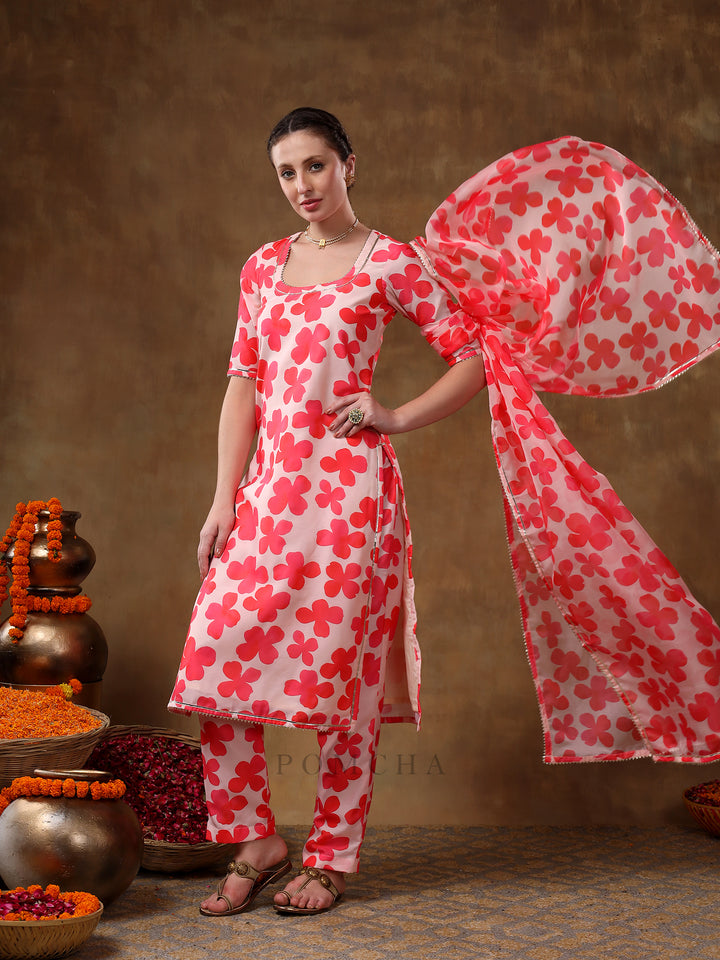 MERAKI ORANGE FLORAL PRINT MUSLIN KURTA SET WITH ORGANZA DUPATTA