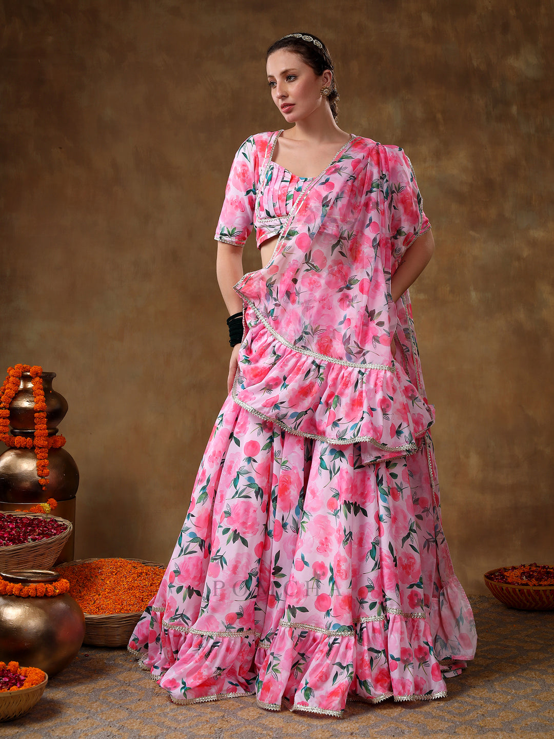 MERAKI JANNAT PINK FLORAL GOTTA LACE WORK LEHENGA WITH ORGANZA DUPATTA