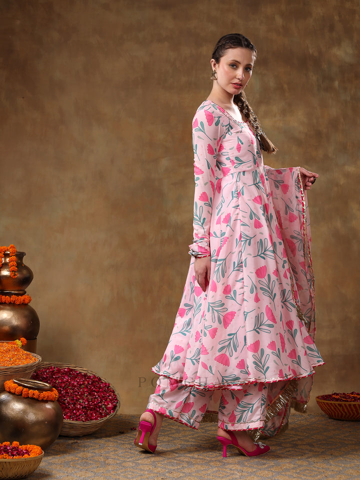 MERAKI AAMIRA PINK FLORAL MUSLIN PRINTED ANARKALI  SET WITH ORGANZA DUPATTA