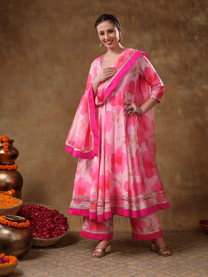 MERAKI FALAK PINK FLORAL GOTTA LACE WORK MUSLIN ANARKALI WITH ORGANZA DUPATTA