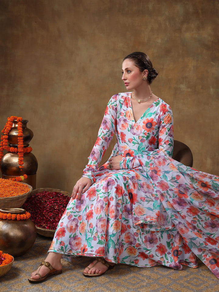 MERAKI ANAM FLORAL PRINT MUSLIN ANARKALI WITH ORGANZA DUPATTA