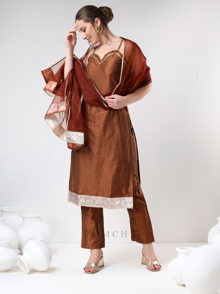 SADABHAR BROWN COTTON SILK SUIT SET