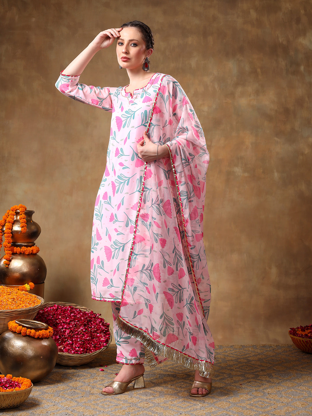 MERAKI AAMIRA PINK FLORAL MUSLIN KURTA SET WITH ORGANZA DUPATTA