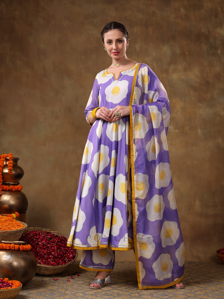 MERAKI EGG PRINTED LAVENDER MUSLIN ANARKALI SET WITH ORGANZA DUPATTA