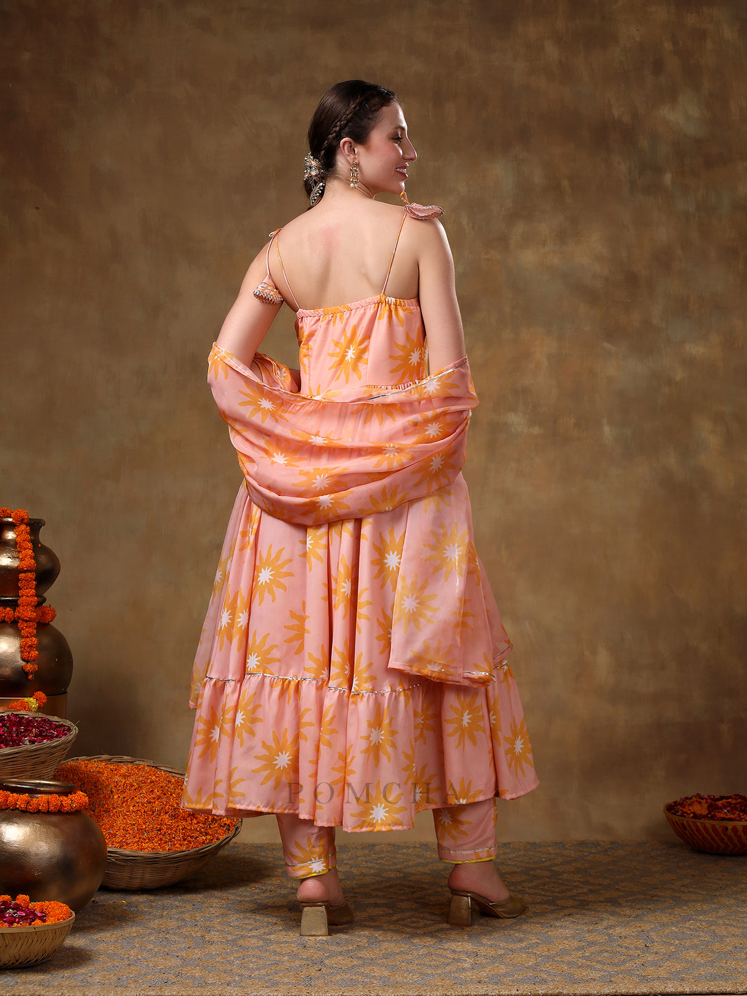 MERAKI JANNAT PEACH FRILL MUSLIN ANARKALI WITH ORGANZA DUPATTA