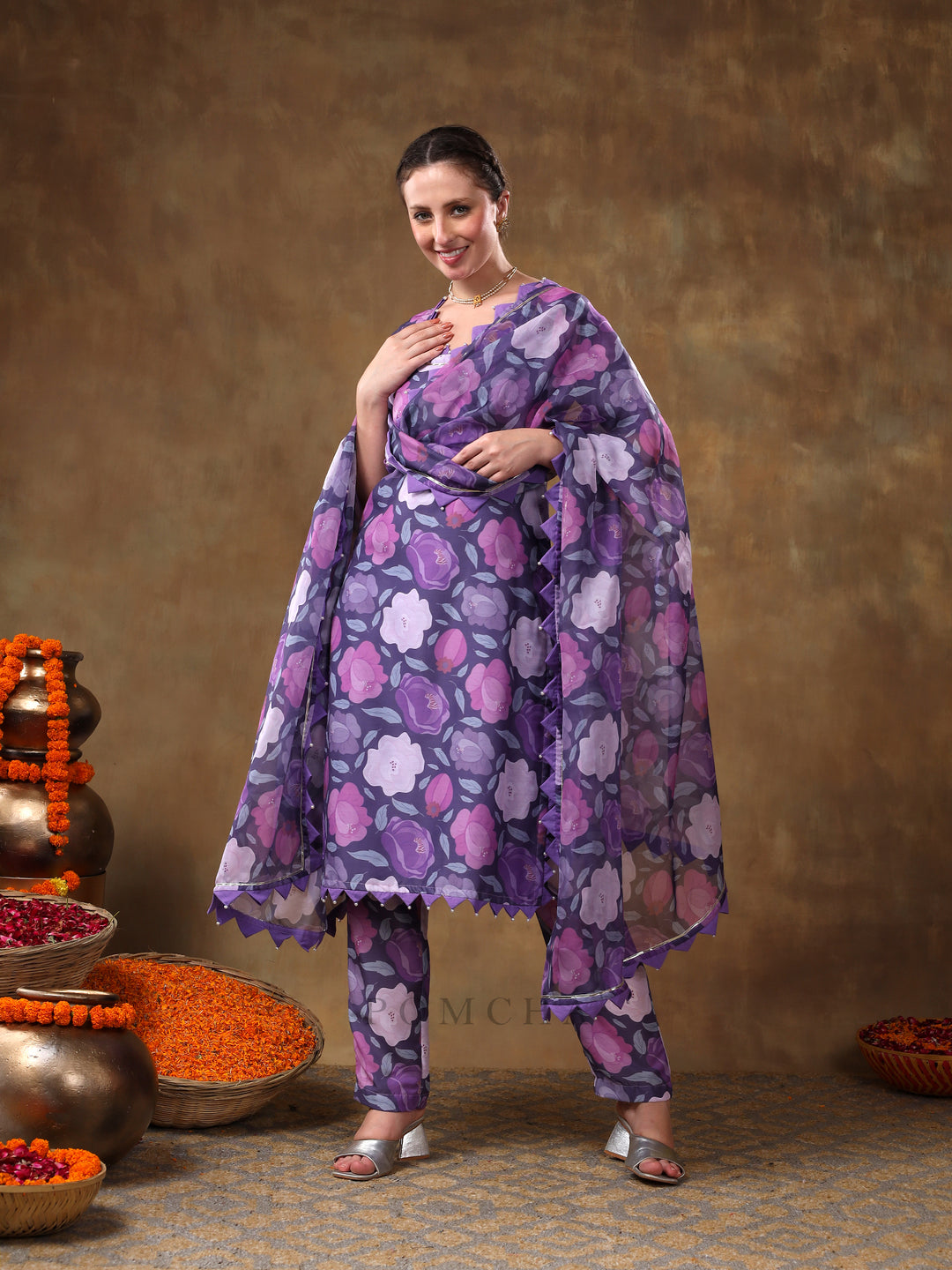 MERAKI GULBANO PURPLE FLORAL PRINT MUSLIN KURTA SET WITH ORGANZA DUPATTA