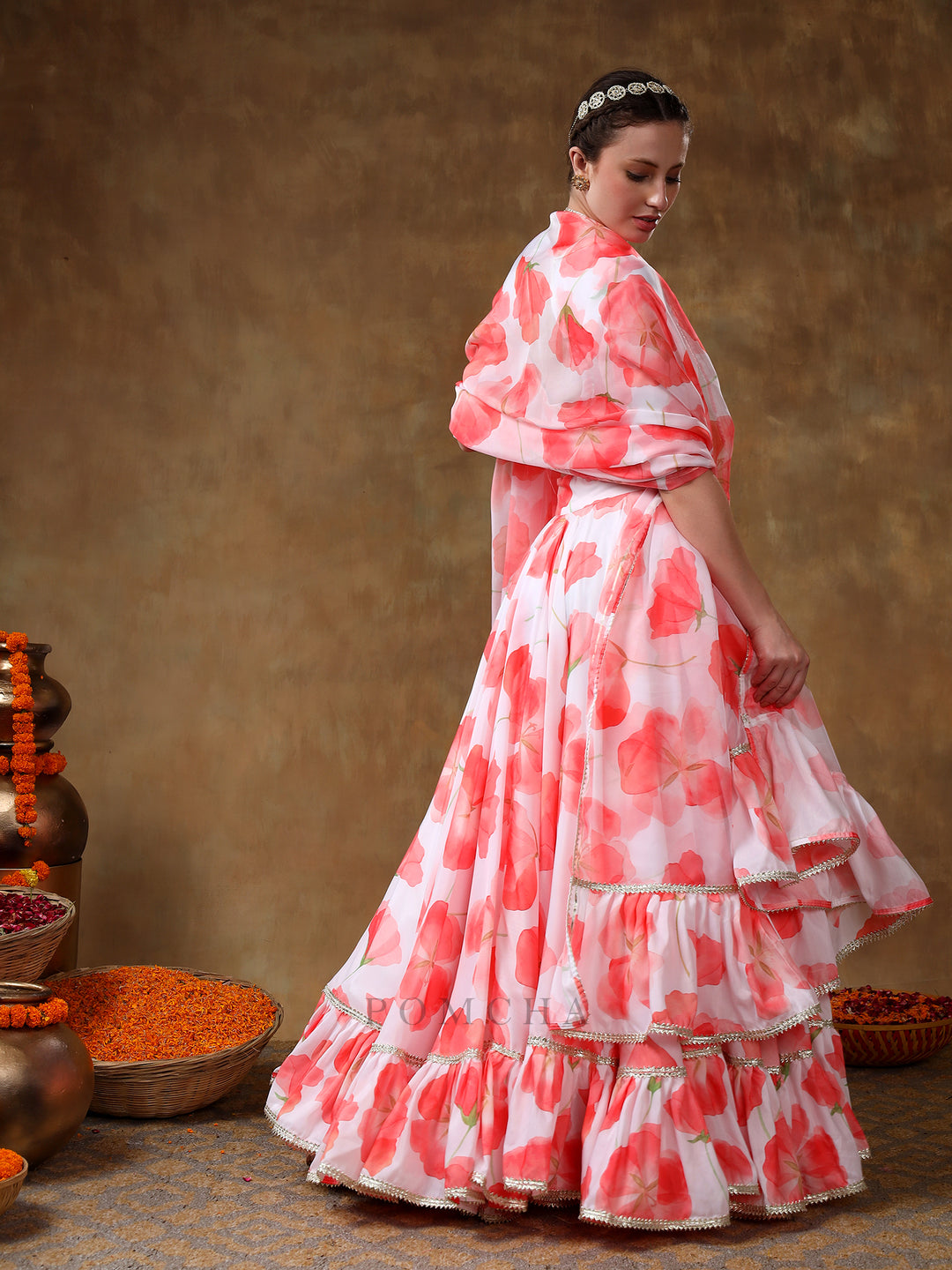 MERAKI ORANGE FLOWER PRINTED MUSLIN GOTTA LACE WORK LEHENGA WITH ORGANZA DUPATTA