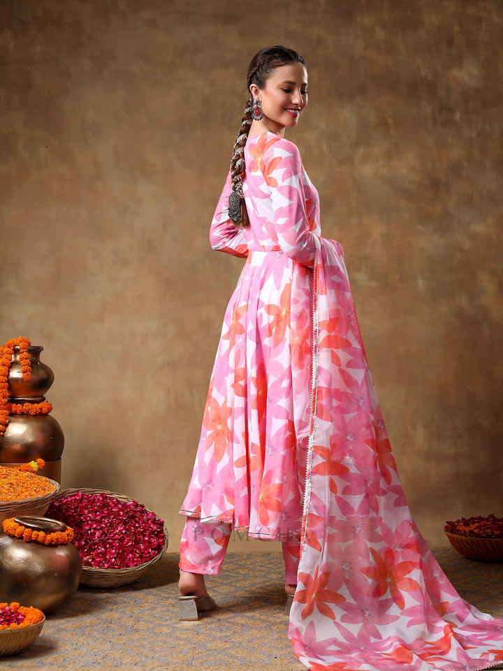 MERAKI PINK FLORAL MUSLIN ANARKALI SET  WITH ORGANZA DUPATTA