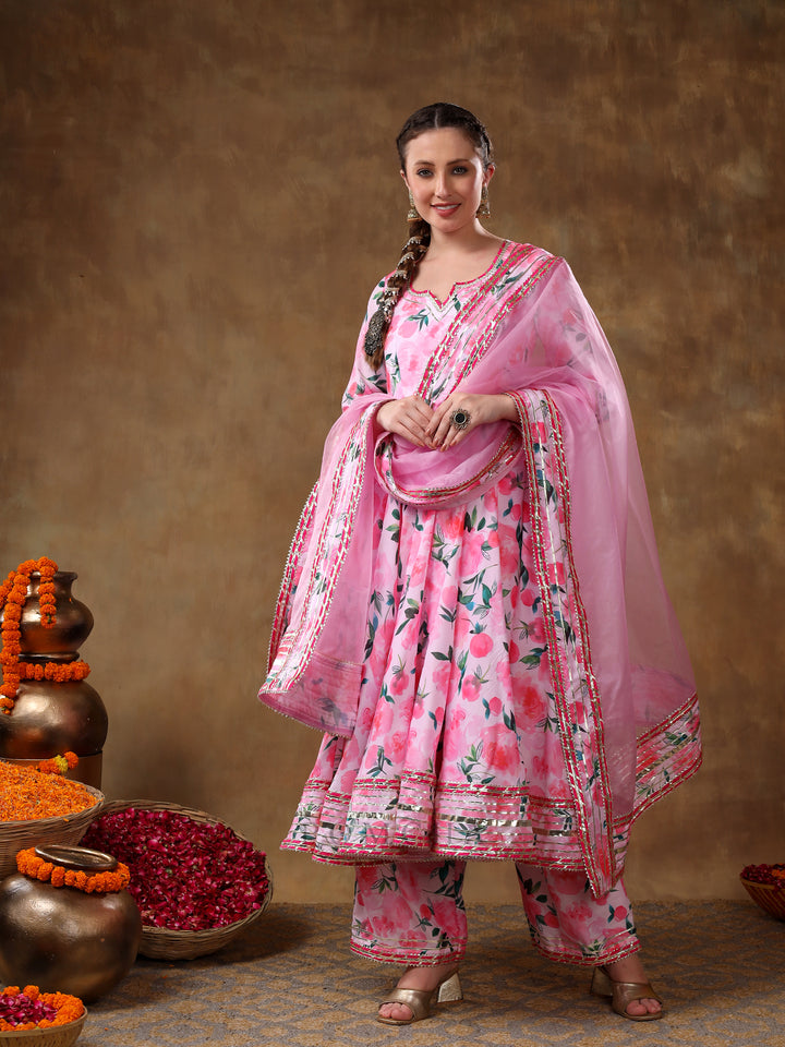 MERAKI NOOR PINK FLORAL MUSLIN GOTTA WORK ANARKALI SET WITH ORGANZA DUPATTA