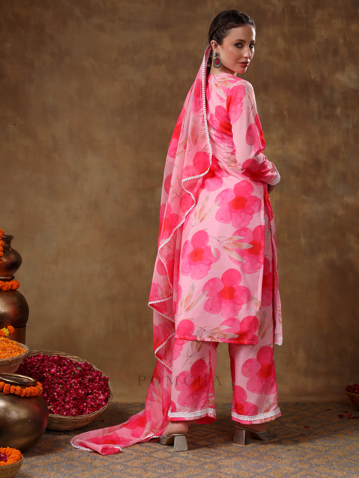 MERAKI MAYA FLORAL PINK MUSLIN KURTA SET WITH ORGANZA DUPATTA