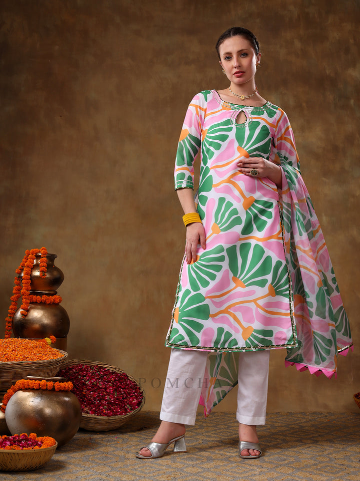 MERAKI OMERA PINK FLORAL PRINT MUSLIN KURTA SET WITH ORGANZA DUPATTA