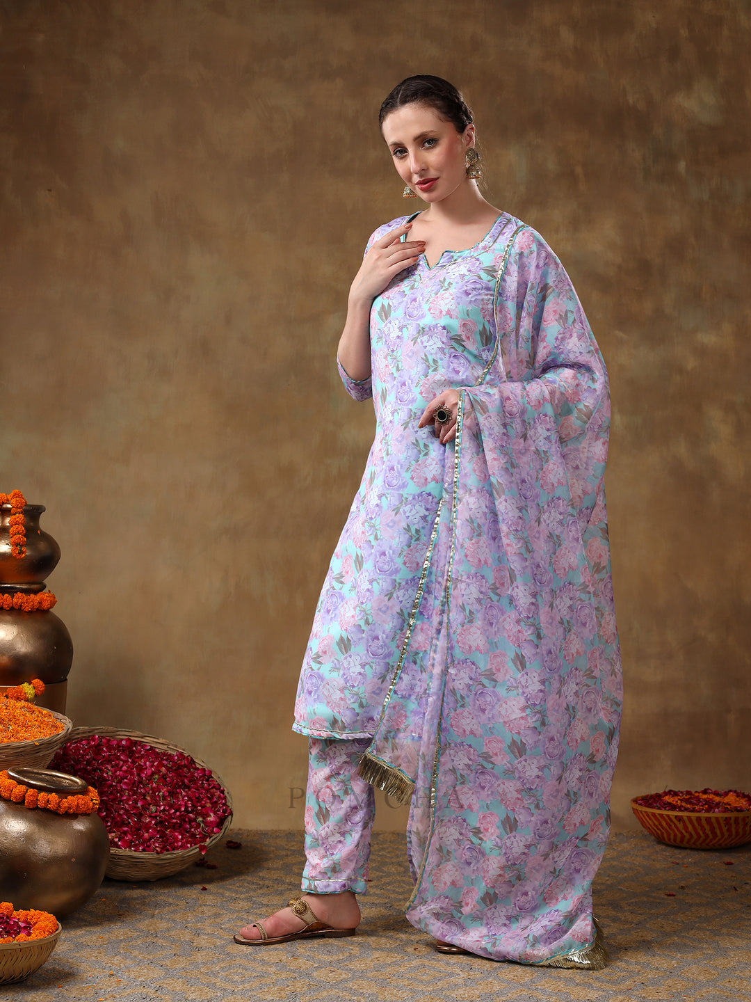 MERAKI JIYA LAVENDER FLORAL KURTA SET WITH ORGANZA DUPATTA