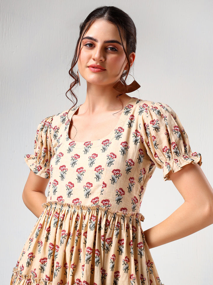 SADABHAR SAND FLORAL PRINT COTTON TIERED DRESS