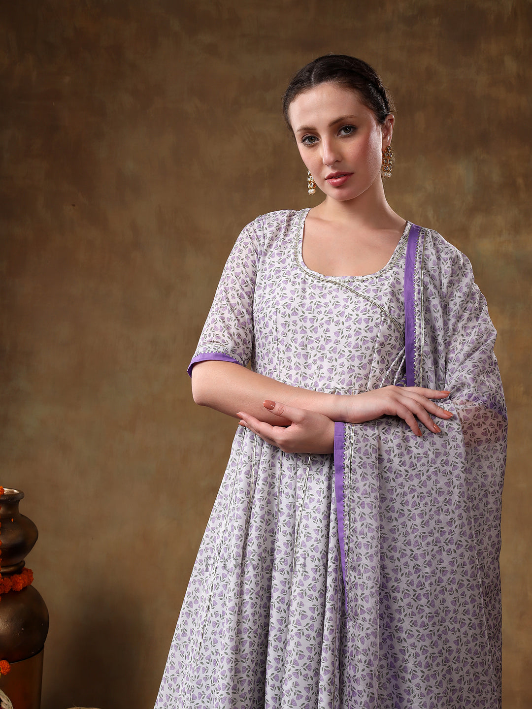 MERAKI ZEENAT LAVENDER FLORAL PRINT MUSLIN ANGRAKHA  AND PLAZO SET WITH ORGANZA DUPATTA