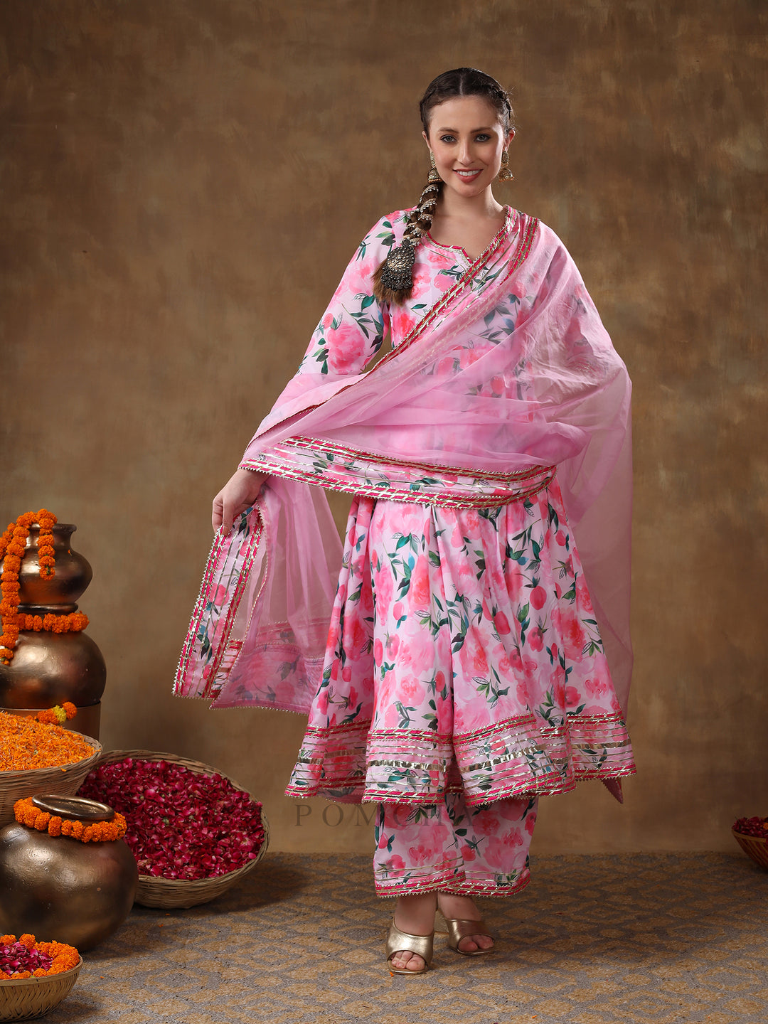 MERAKI NOOR PINK FLORAL MUSLIN GOTTA WORK ANARKALI SET WITH ORGANZA DUPATTA