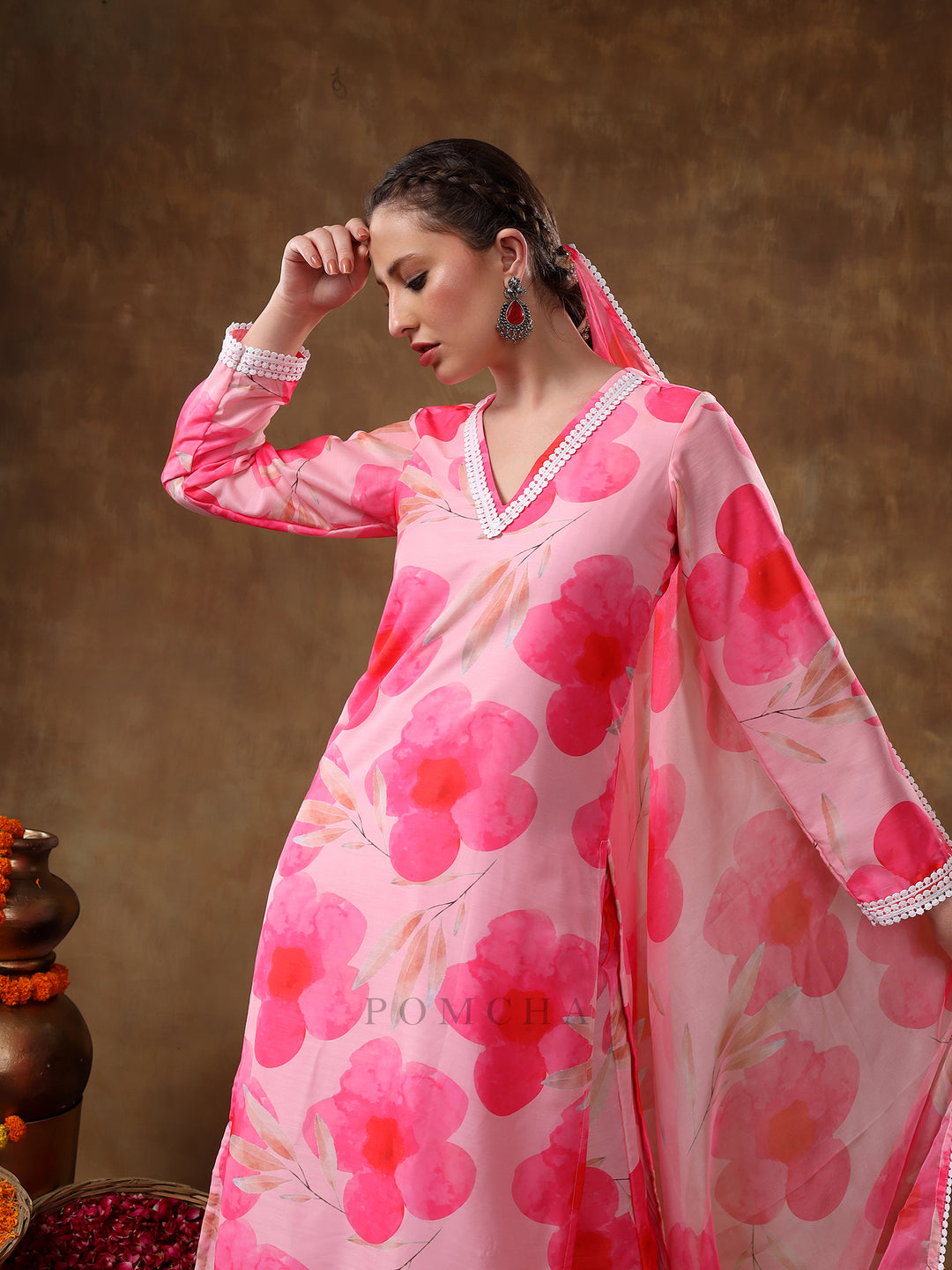 MERAKI MAYA FLORAL PINK MUSLIN KURTA SET WITH ORGANZA DUPATTA