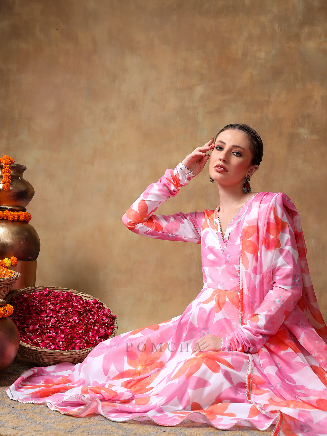 MERAKI PINK FLORAL MUSLIN ANARKALI SET  WITH ORGANZA DUPATTA