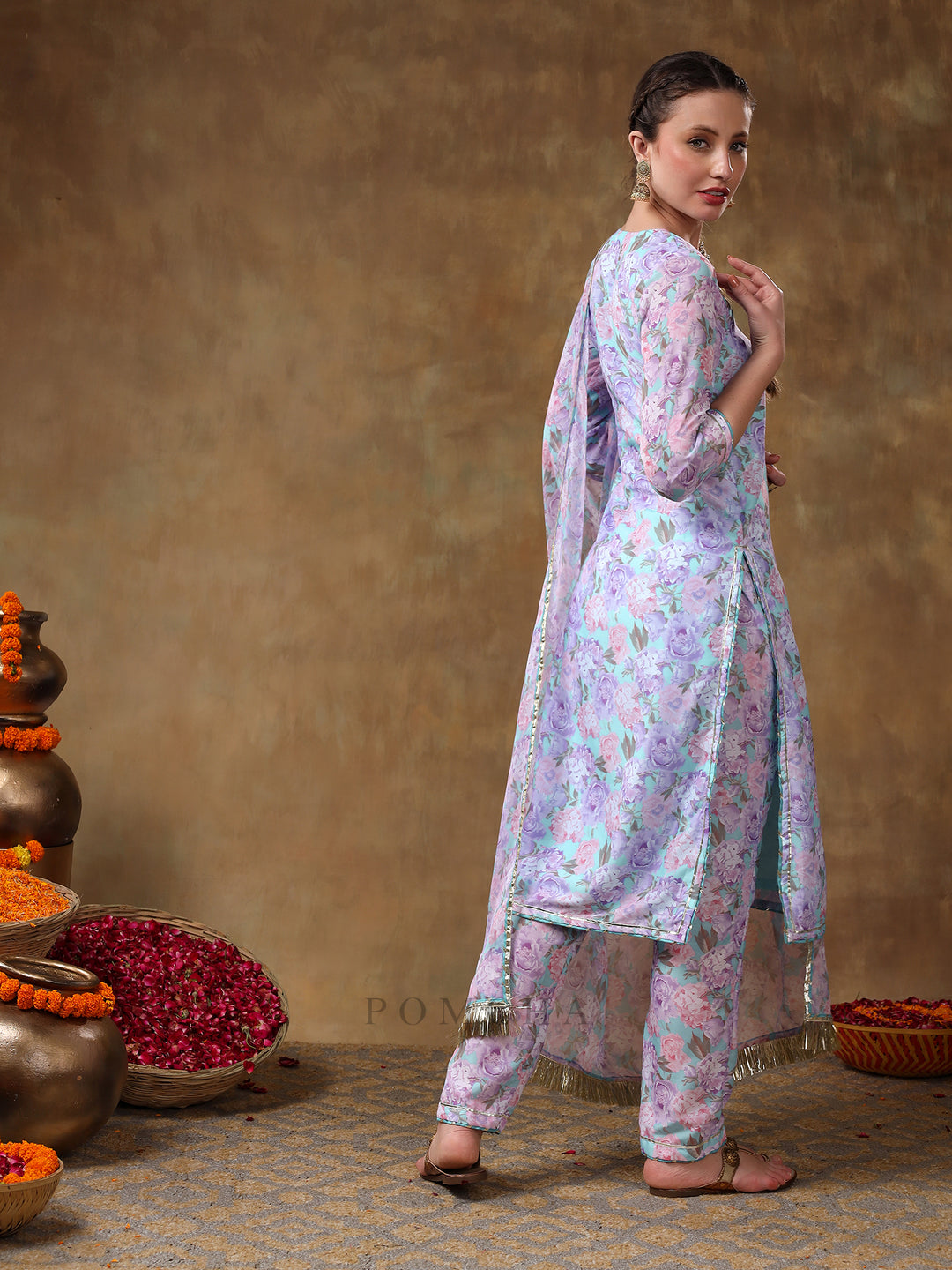 MERAKI JIYA LAVENDER FLORAL KURTA SET WITH ORGANZA DUPATTA