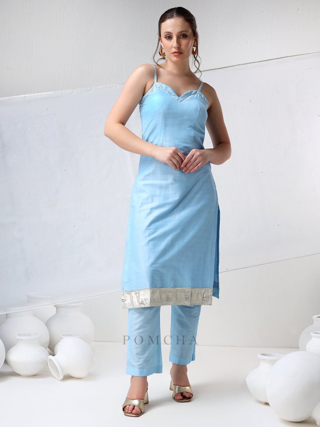 SADABHAR AQUA BLUE COTTON SILK SUIT SET