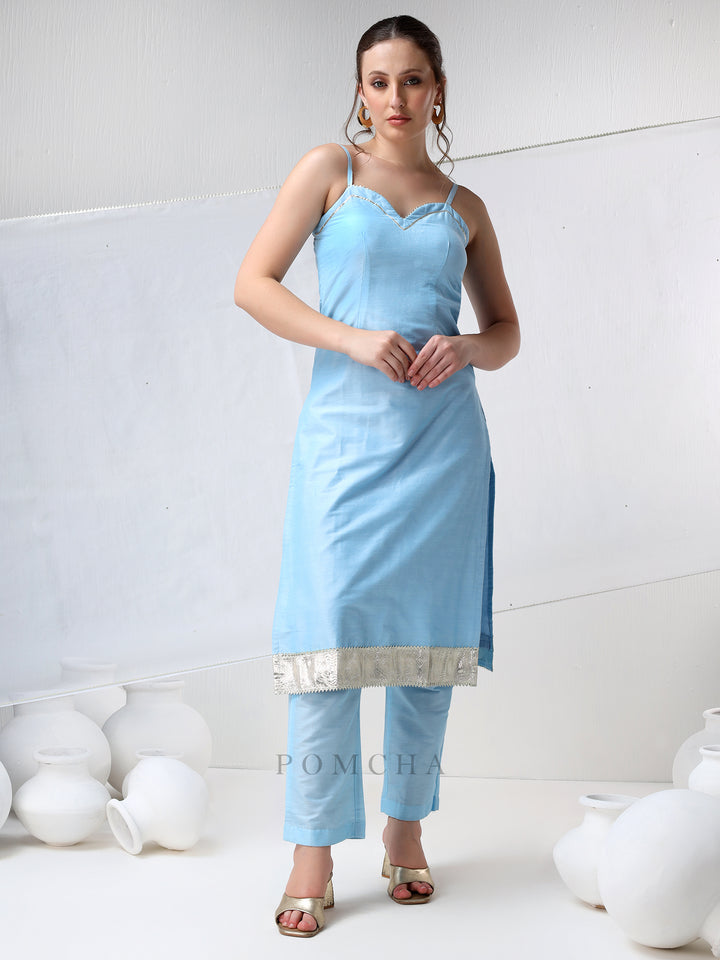 SADABHAR AQUA BLUE COTTON SILK SUIT SET