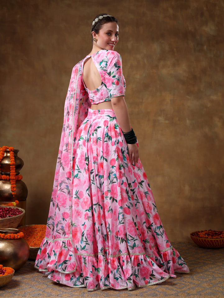 MERAKI JANNAT PINK FLORAL GOTTA LACE WORK LEHENGA WITH ORGANZA DUPATTA