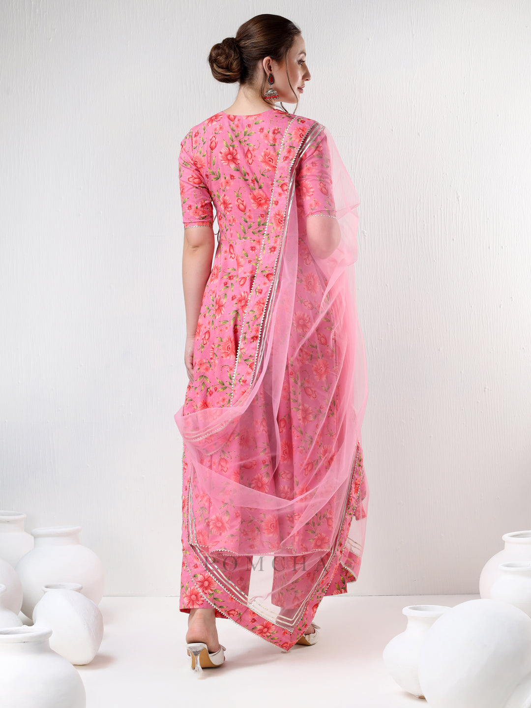 SADABHAR PINK FLORAL PRINT COTTON ANGRAKHA SET