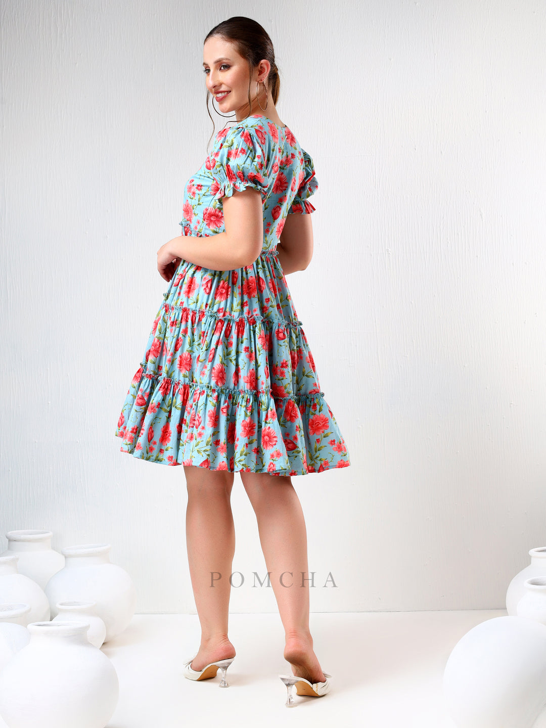 SADABHAR BLUE FLORAL PRINT COTTON TIERED DRESS