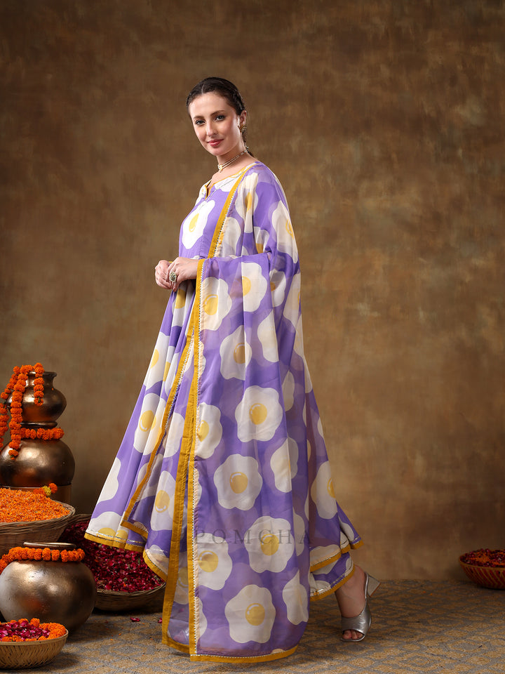 MERAKI EGG PRINTED LAVENDER MUSLIN ANARKALI SET WITH ORGANZA DUPATTA