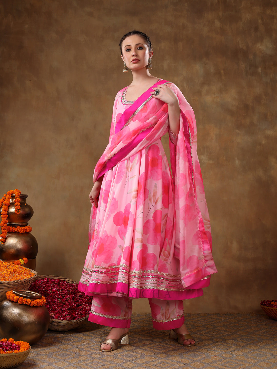 MERAKI FALAK PINK FLORAL GOTTA LACE WORK MUSLIN ANARKALI WITH ORGANZA DUPATTA