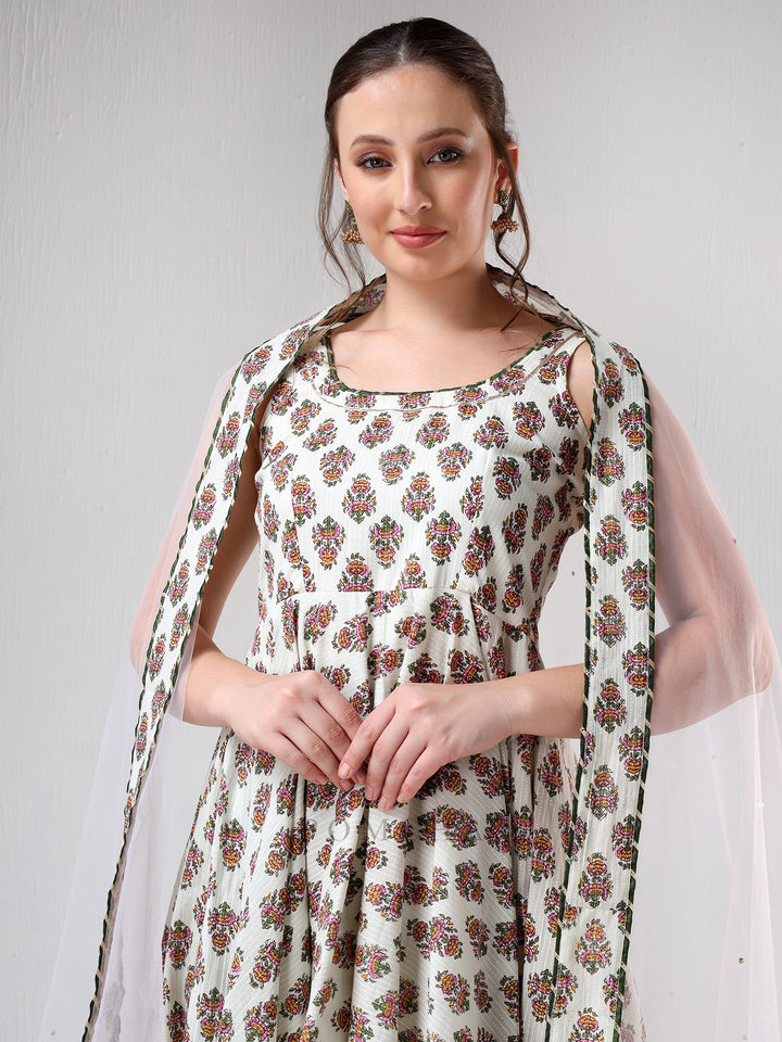 SADABHAR WHITE HAND BLOCK PRINT COTTON ANARKALI SET