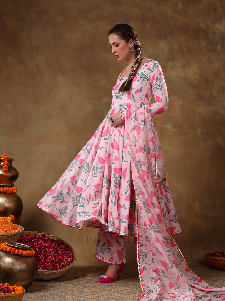 MERAKI AAMIRA PINK FLORAL MUSLIN PRINTED ANARKALI  SET WITH ORGANZA DUPATTA