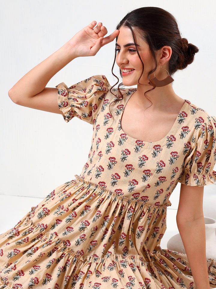 SADABHAR SAND FLORAL PRINT COTTON TIERED DRESS