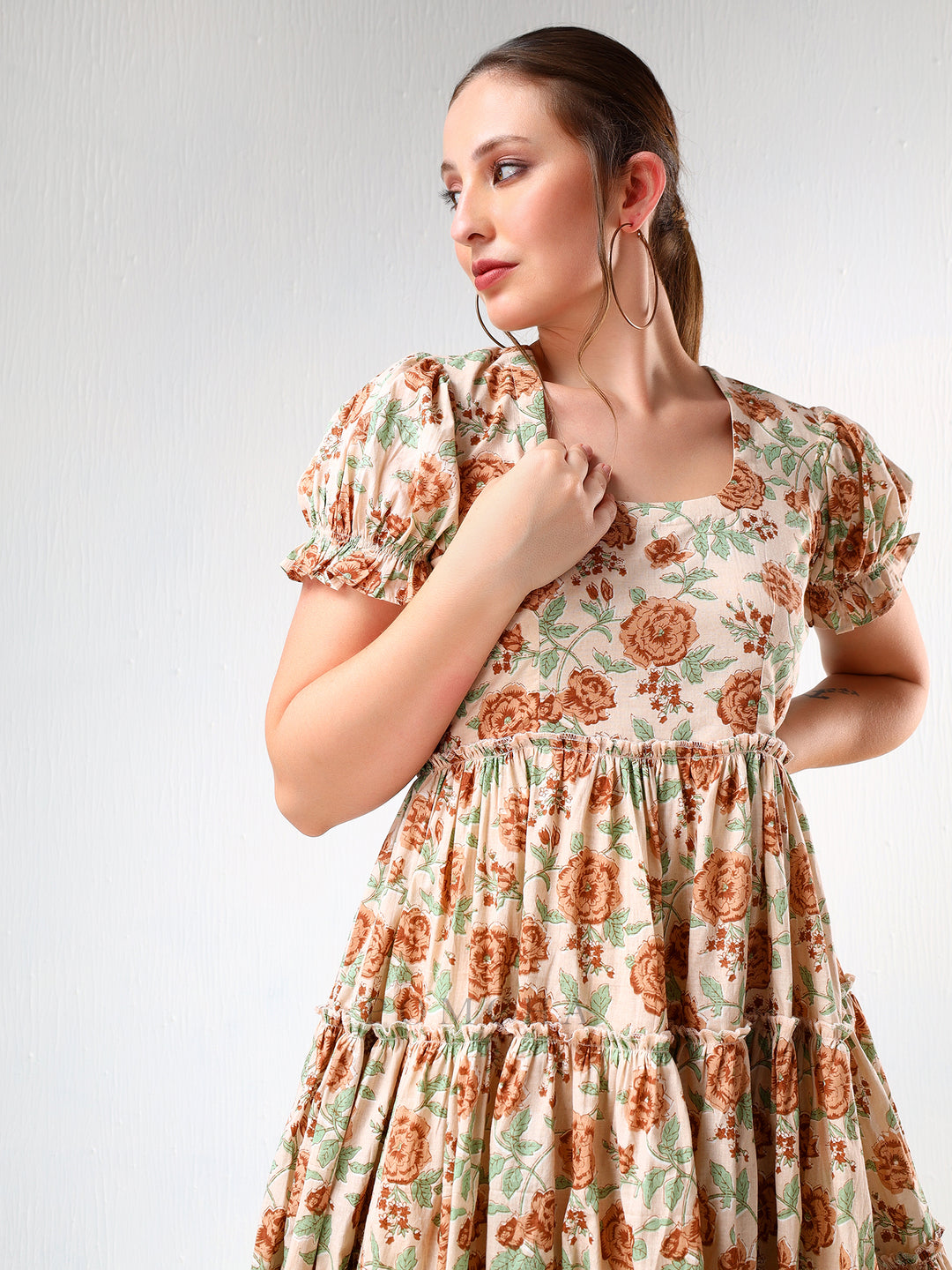 SADABHAR LIGHT BROWN FLORAL PRINT COTTON TIERED DRESS