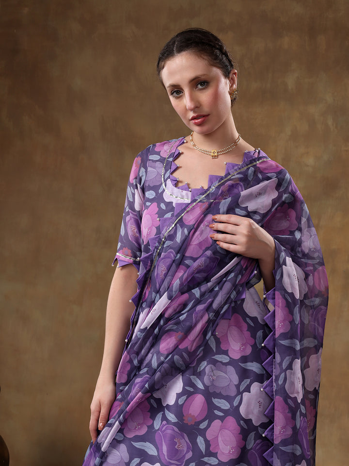 MERAKI GULBANO PURPLE FLORAL PRINT MUSLIN KURTA SET WITH ORGANZA DUPATTA