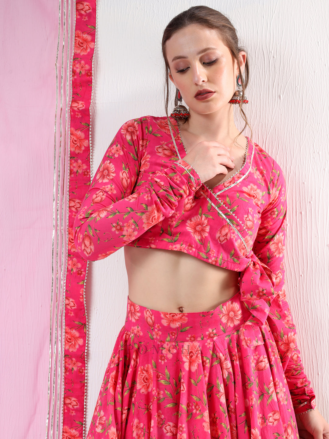 SADABHAR DARK PINK FLORAL PRINT COTTON LEHENGA SET