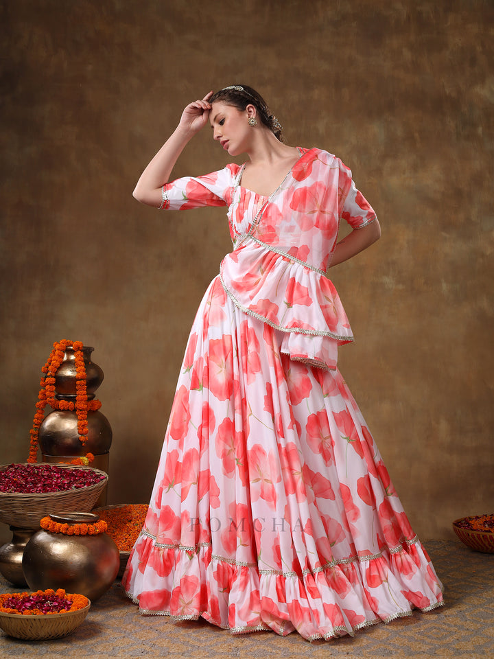 MERAKI ORANGE FLOWER PRINTED MUSLIN GOTTA LACE WORK LEHENGA WITH ORGANZA DUPATTA