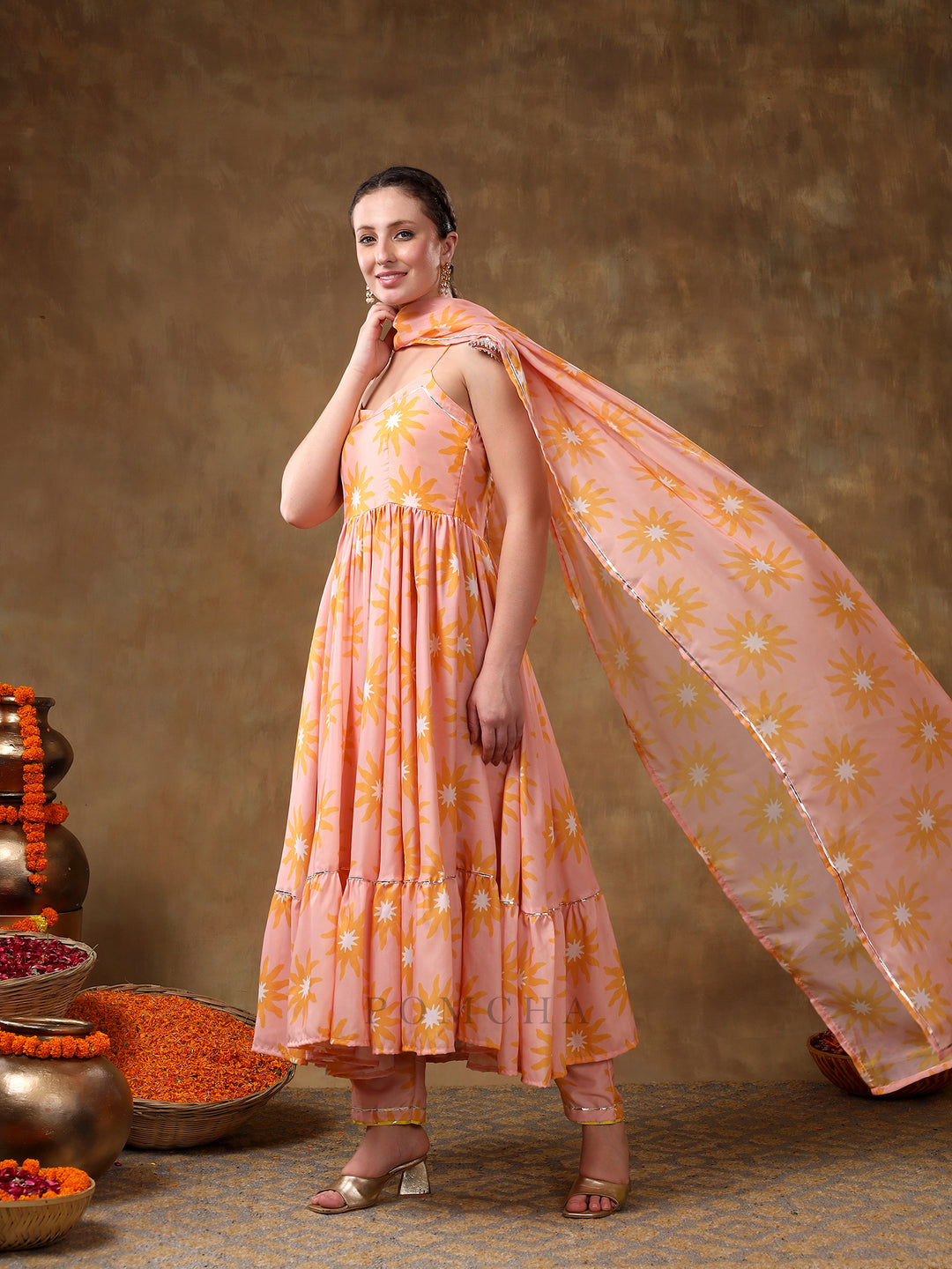 MERAKI JANNAT PEACH FRILL MUSLIN ANARKALI WITH ORGANZA DUPATTA