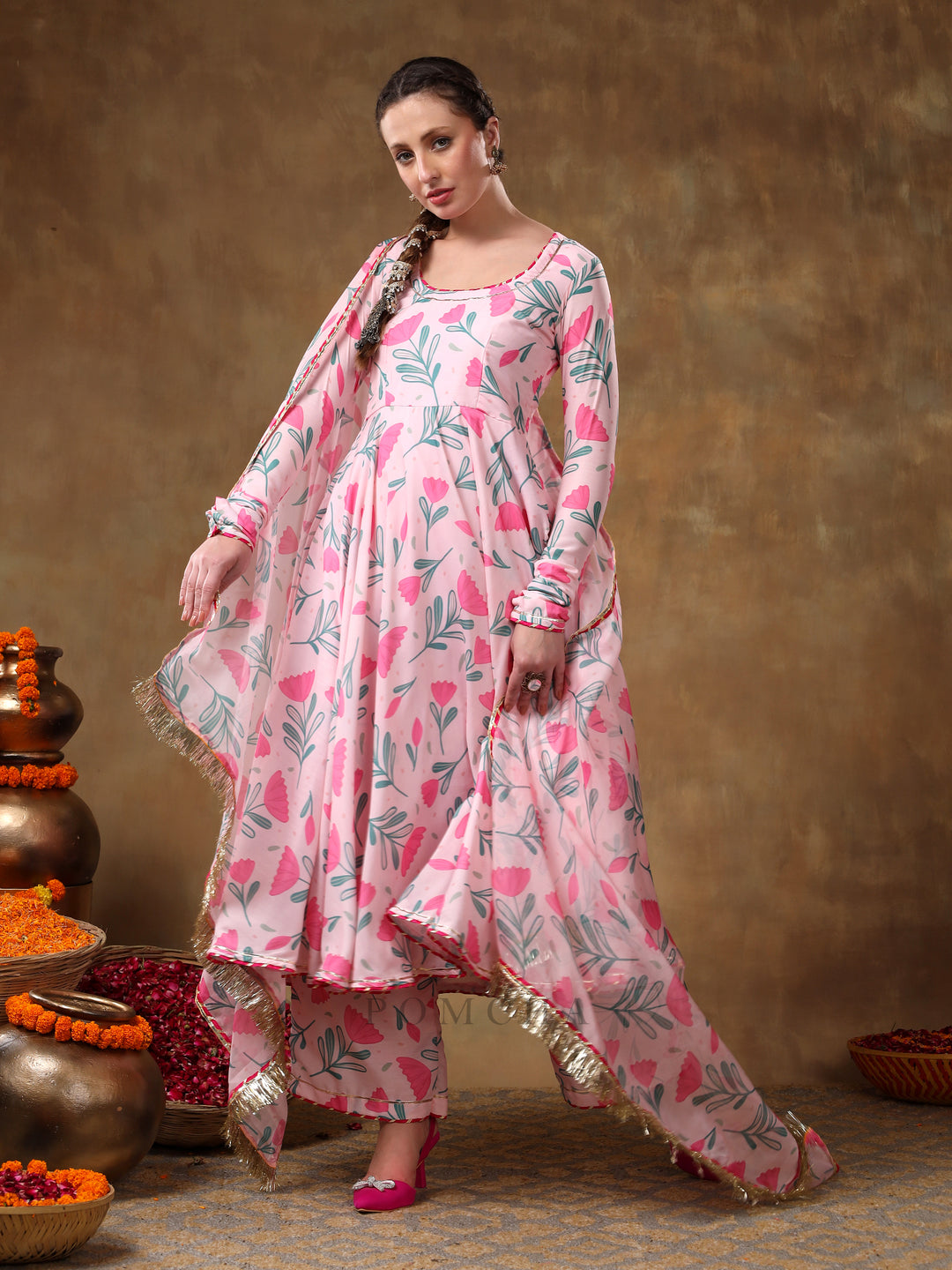 MERAKI AAMIRA PINK FLORAL MUSLIN PRINTED ANARKALI  SET WITH ORGANZA DUPATTA