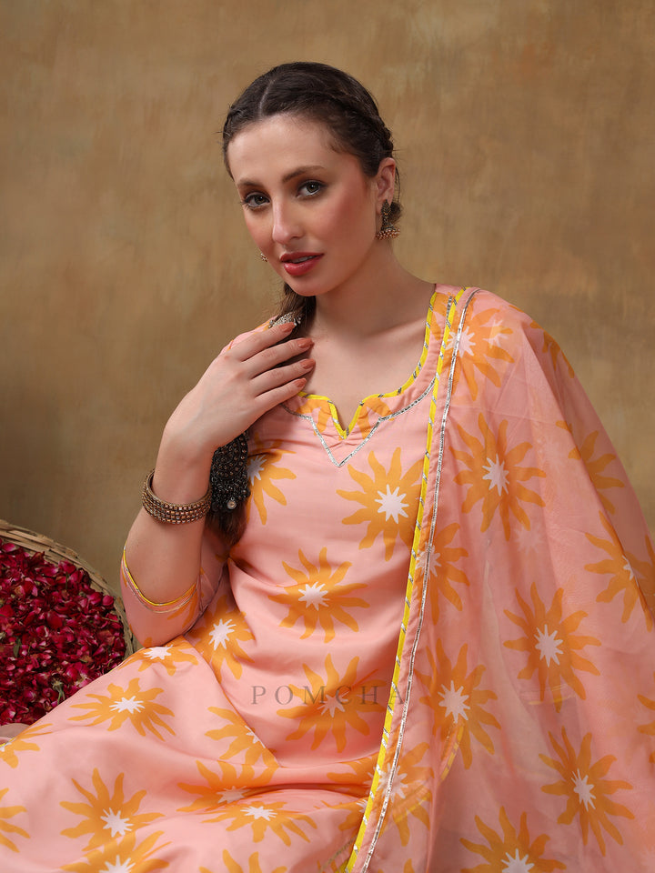 MERAKI NAILA PEACH MUSLIN  PRINTED KURTA SET WITH ORGANZA DUPATTA