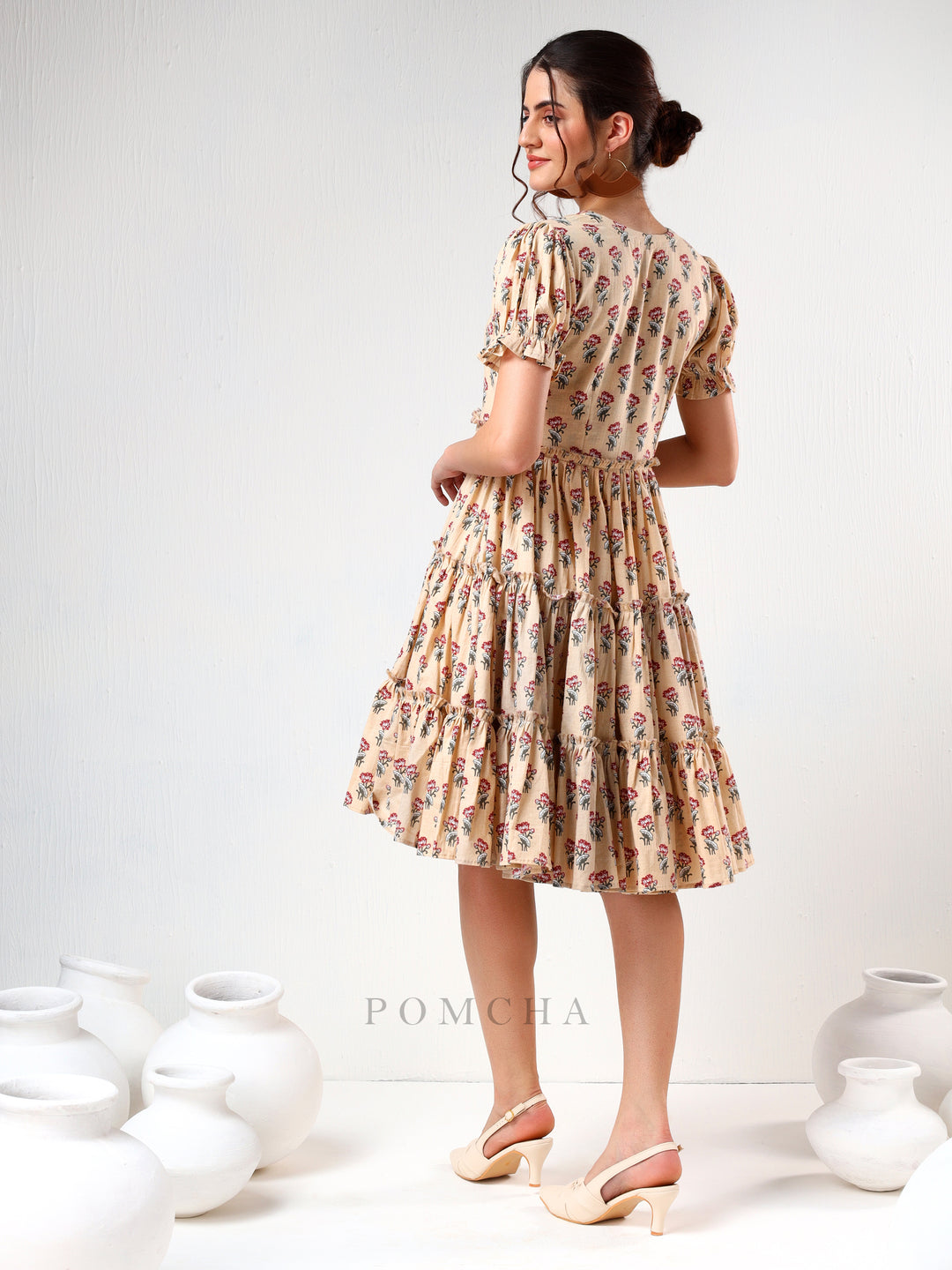 SADABHAR SAND FLORAL PRINT COTTON TIERED DRESS