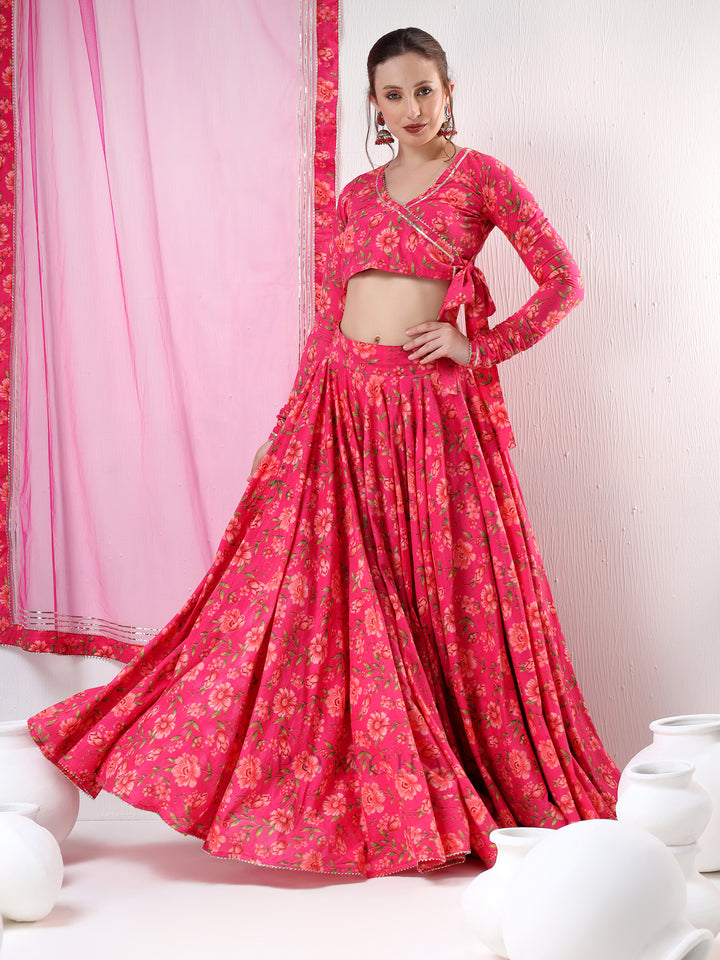 SADABHAR DARK PINK FLORAL PRINT COTTON LEHENGA SET