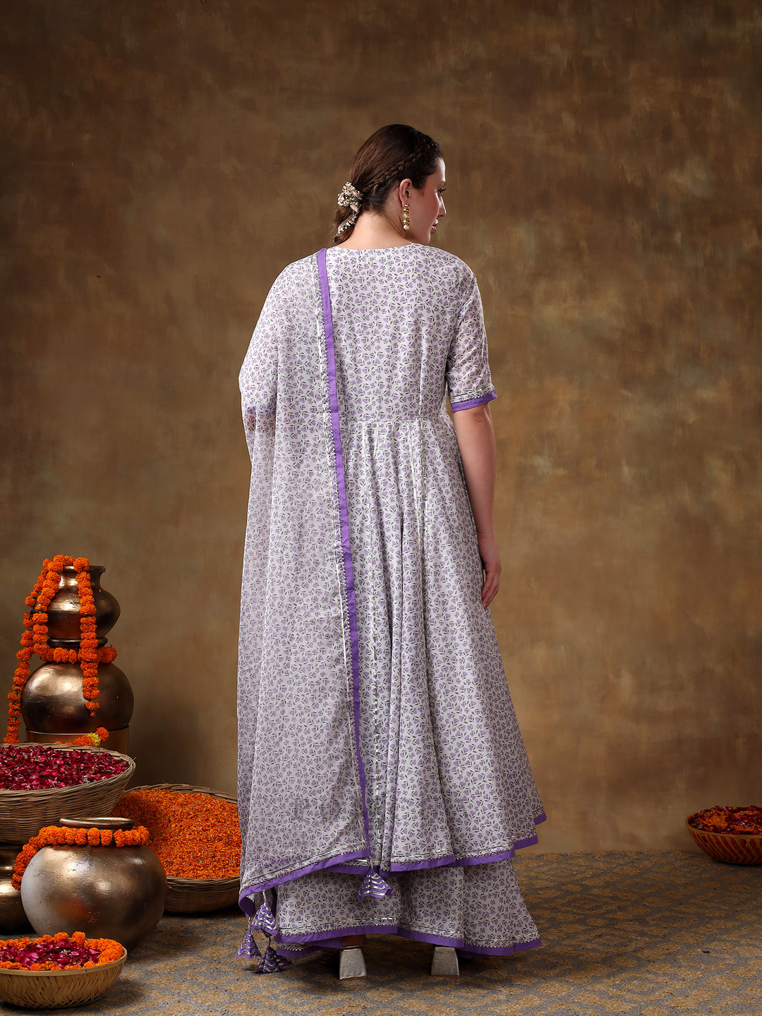 MERAKI ZEENAT LAVENDER FLORAL PRINT MUSLIN ANGRAKHA  AND PLAZO SET WITH ORGANZA DUPATTA