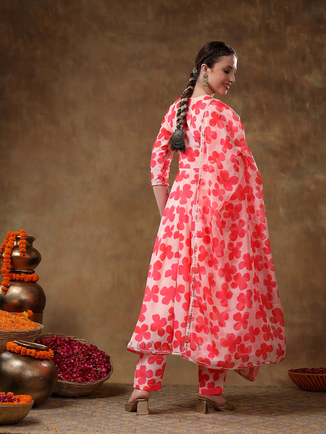 MERAKI ORANGE FLORAL MUSLIN ANARKALI SET WITH ORGANZA DUPATTA